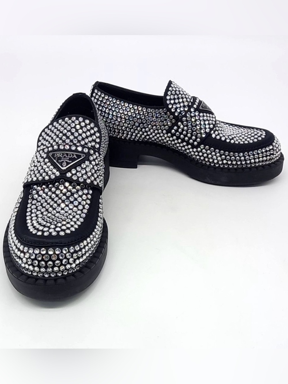 Prada Black Crystal-Studded Men's Penny Loafers sz UK 10/ US 11